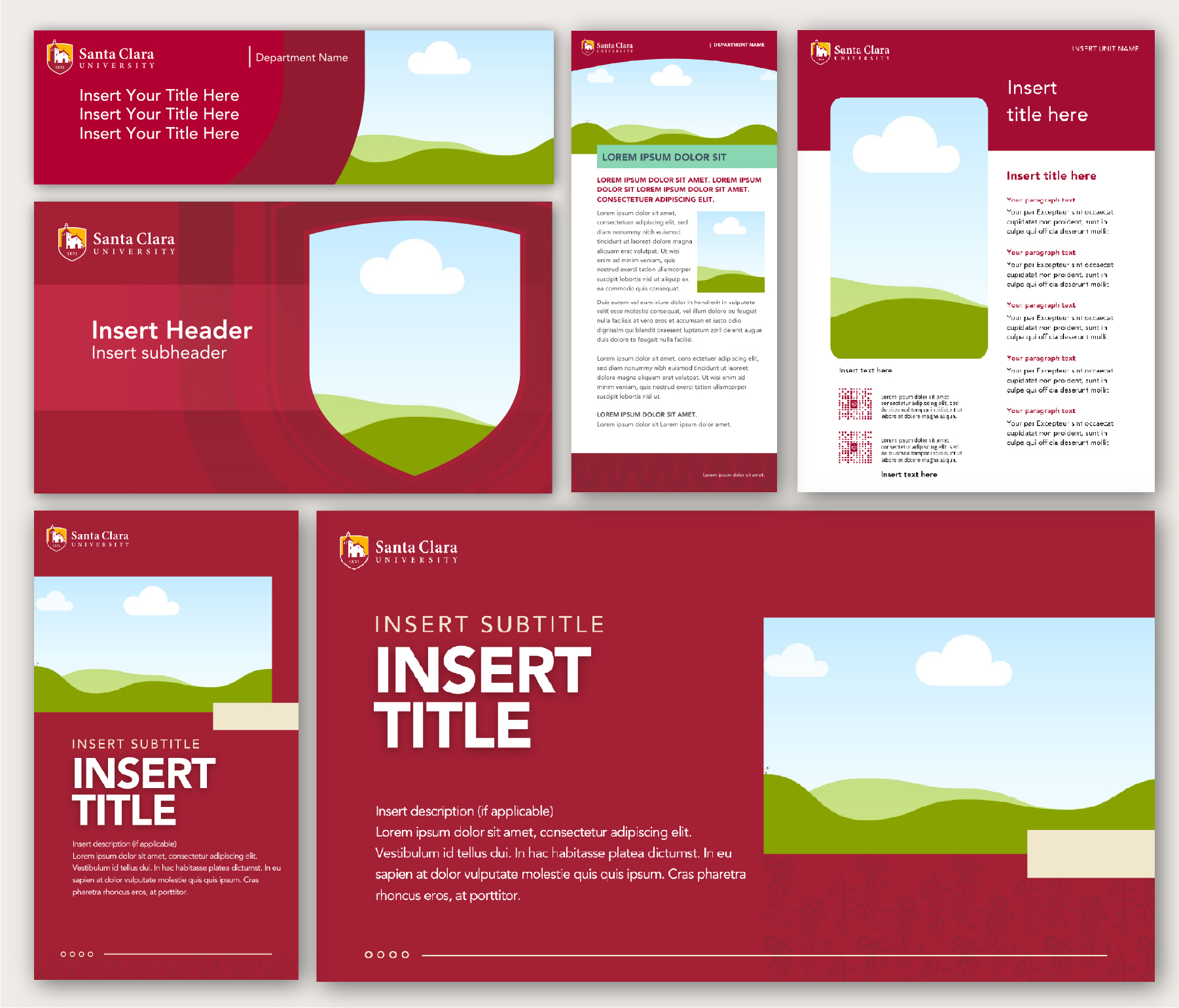 A collage of SCU marketing templates on red background
