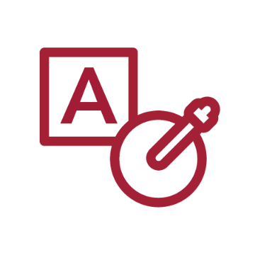 Letter A in a square and color-picker tool on a circle that represent visual element category