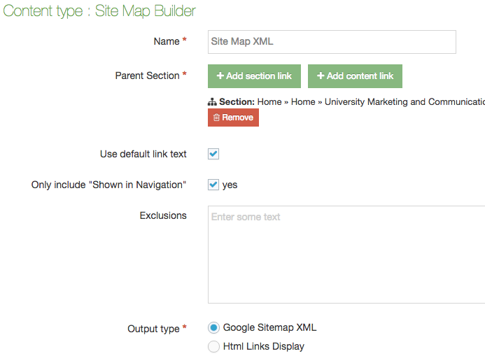 Site Map Builder form set to XML output