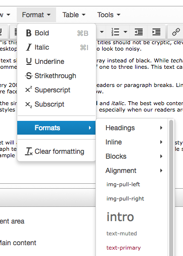 Text editor formats menu