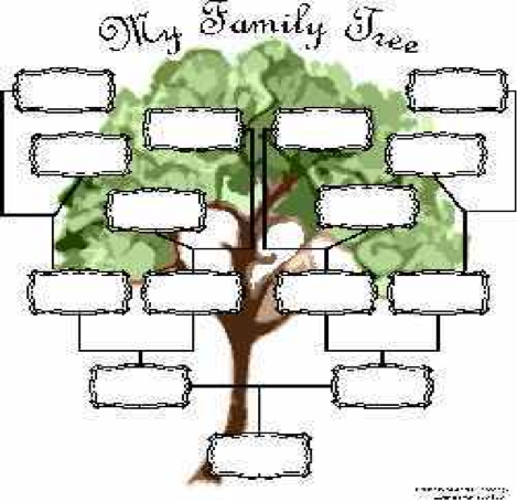 Genealogy chart titled My Family Tree with empty text boxes on a tree illustration.