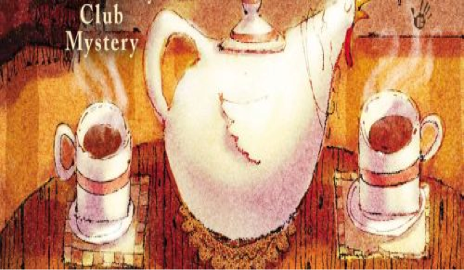 A large teapot and two steaming teacups on saucers. -  Link to file