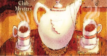 Teapot and two steaming mugs with blurred text Mystery and Book in the background.