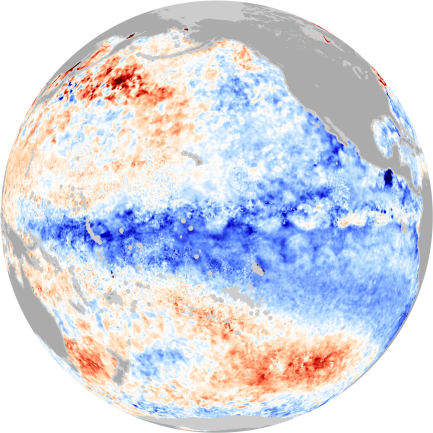 The darkest blue/brightest red represents water temperatures 5 degrees C cooler/warmer than average.