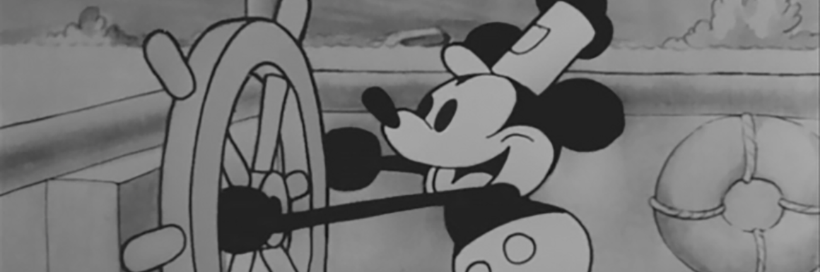 Mickey Mouse at the steering wheel of a steamboat.