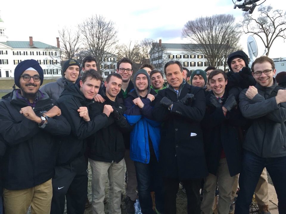Dartmouth alumnus, Jake Tapper '91 from CNN, visits with his old college frat, Alpha Chi, during the presidential primary season (my son Zach is center in blue jacket)