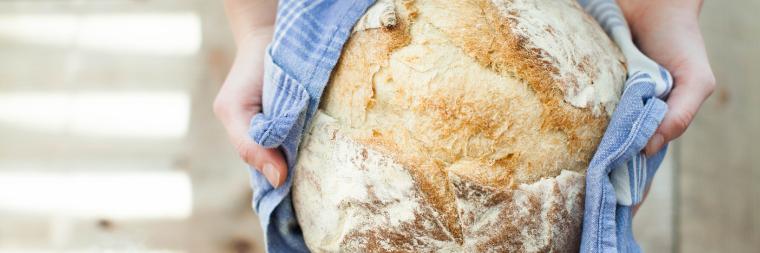 Male hands holding fresh baked loaf of bread in a towel