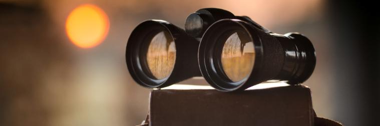 Binoculars on top of a binocular case with a serene meadow reflected in the lenses