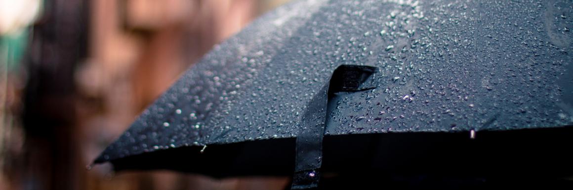 Open umbrella covered in rain drops image link to story