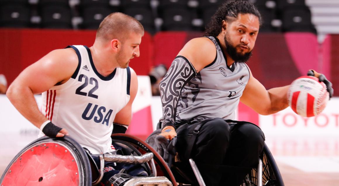Men's U.S. wheelchair rugby tops New Zealand in their first  2020 Paralympic match on Aug. 25, 2021.