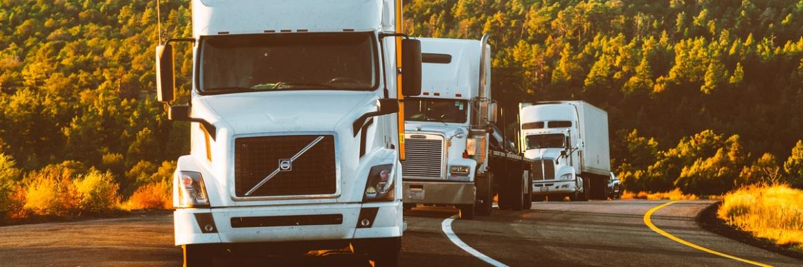 Photograph of white Volvo semi-trucks on side of the road.