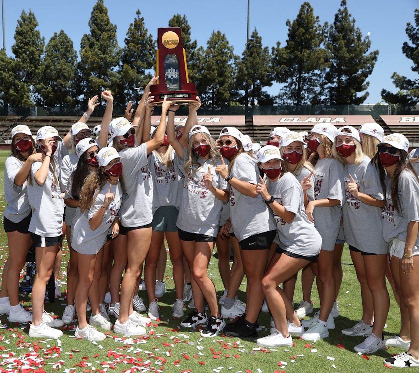SCU Women's Soccer National Champions 2020 with the championship trophy at Stevens Stadium - SCU Women's Soccer National Champions 2020 with their trophy at Stevens Stadium Link to file