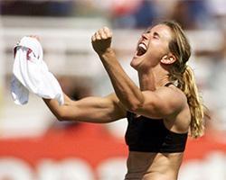 Brandi Chastain after game-winning goal in 1999 World Cup final.