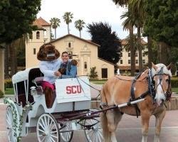A man riding with Bucky the Bronco on a horse-drawn carriage.