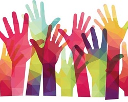 Colorful graphic of raised hands.