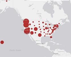 Map of the US with red dots indicating where alumni live.