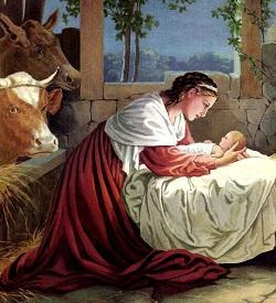 Mary looking lovingly at newborn baby Jesus.