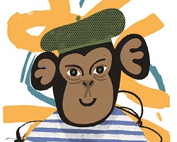 Colorful illustration of a monkey in a beret. 