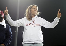 Woman wearing Santa Clara University sweatshirt.