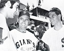 Historical image of SCU pitchers with Phoenix Giants coach Jim Davenport. 