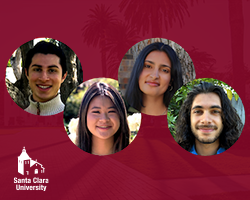 SCU Fulbright finalists Armand Aibara ’21, Jocelyn Chi ’21, Ryan Nazari ’21, and Anjali Rangaswami ’21