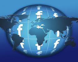 Globe graphic with Facebook logos superimposed on the oceans.