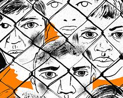 Illustration of faces behind chain linked fence.