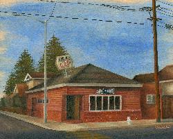 Painting of local establishment called The Hut.