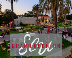 SCU Grand Reunion logo in front of a previous reunion block party