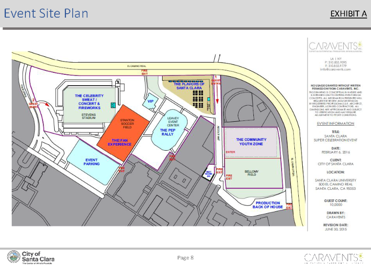 Alt text: Super Bowl Event Map detailing various zones including Fan Shop, Food Court, and Stage areas.