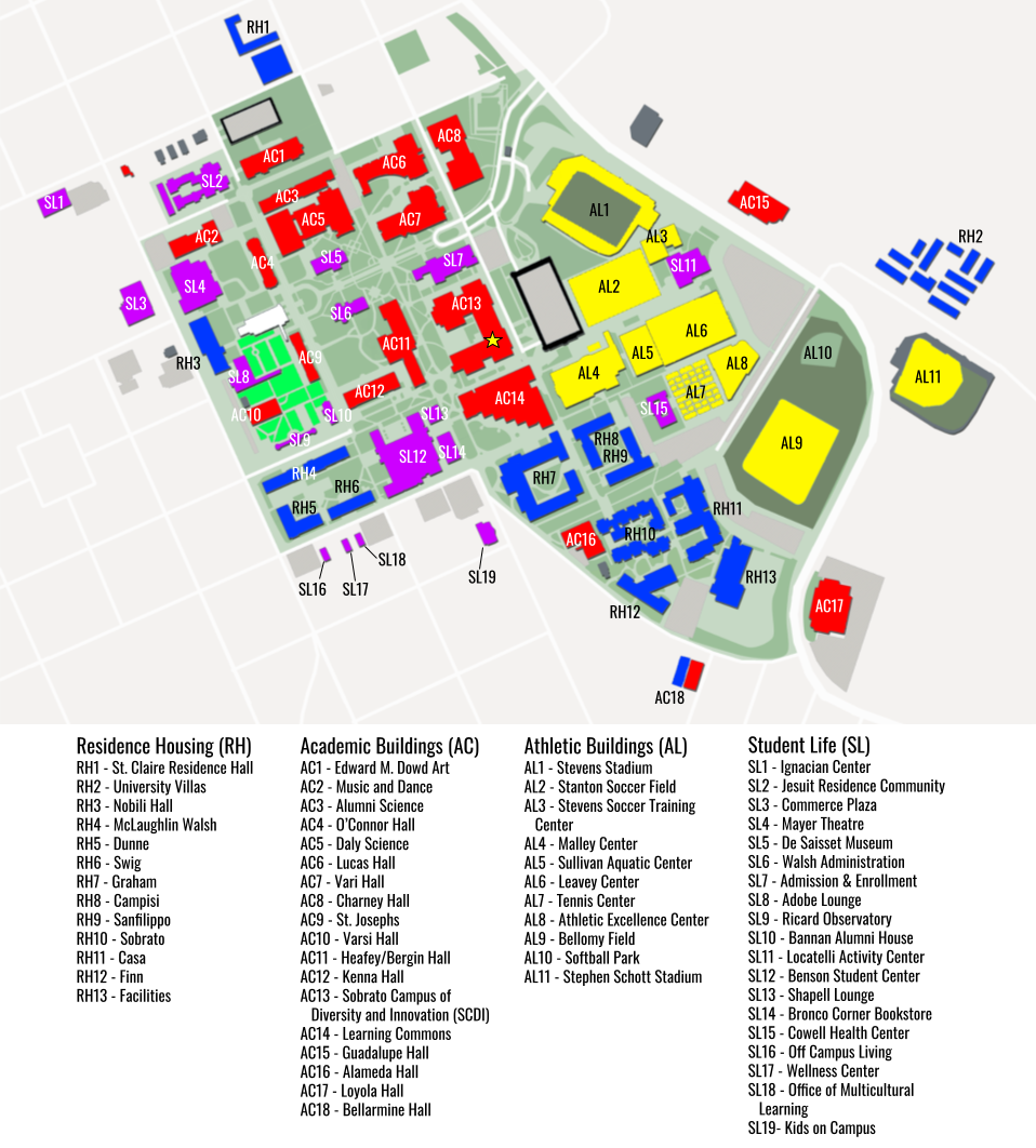 A map of campus with a legend indicating where key locations are located. This includes residence housing, academic buildings, athletic buildings and student life.