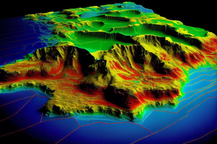 An isometric view of a landmass that shows low and high-lying areas and indicates ridges, valleys, and plateaus.  The surface is color-coded to show the movement of the lithospheric plates during tremors or earthquakes.