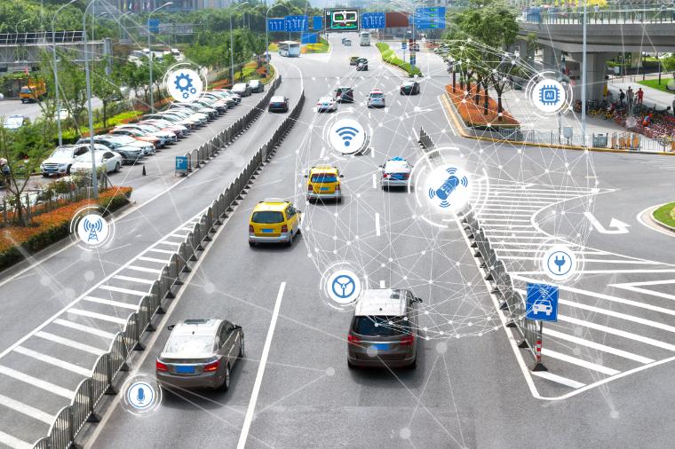 An illustration of a smart car in autonomous self-driving mode on a metro city road lot concept with graphic sensor radar signal system and internet sensors.