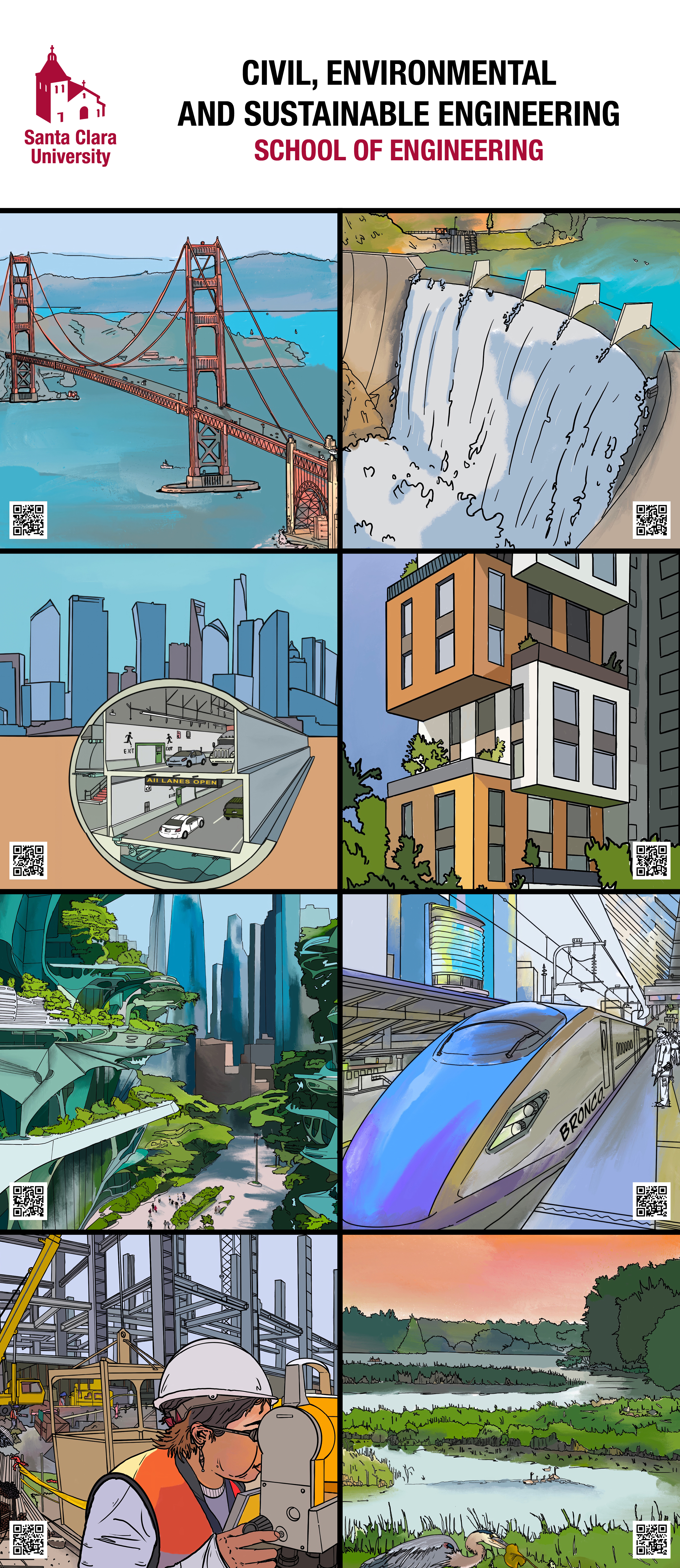 Civil engineering banner with 8 illustrations in the sub-disciplines of structure, water resources, civil, geotechnical, infrastructure, transportation, construction, and environmental.