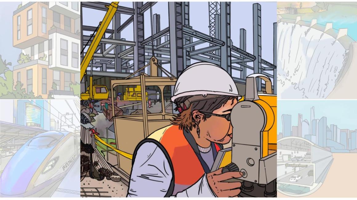 An illustration of a construction site, modern living apartments, a dam, a high-speed train, and inside of a subway tube.