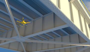 3D render of a yellow UAV drone with top-mounted camera inspecting the underside structure of a steel bridge. Fictitious UAV and bridge, blue sky and motion blur for dramatic effect.