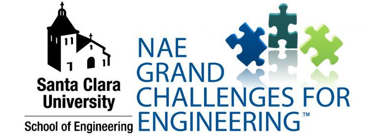 SCU NAE Grand Challenges Logo with three puzzle pieces, blue, teal, and green