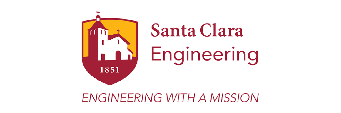 SCU Logo with the mission and a yellow sky in a shield with 1851. Reads: Santa Clara Engineering Engineering with a Mission