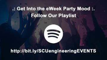 Background of party and confetti. Text: Get into the eweek party mood. Follow our playlist. http://bit.ly/SCUengineeringEVENTS