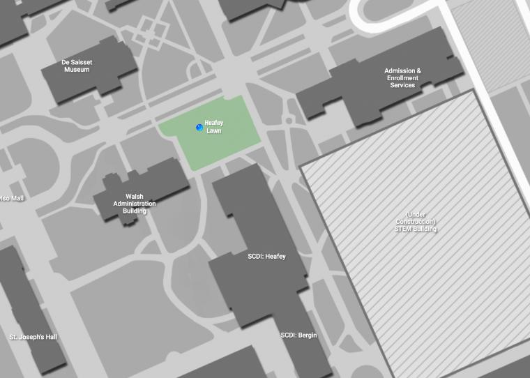 Black and White map of campus with Heafey Lawn written and highlighted