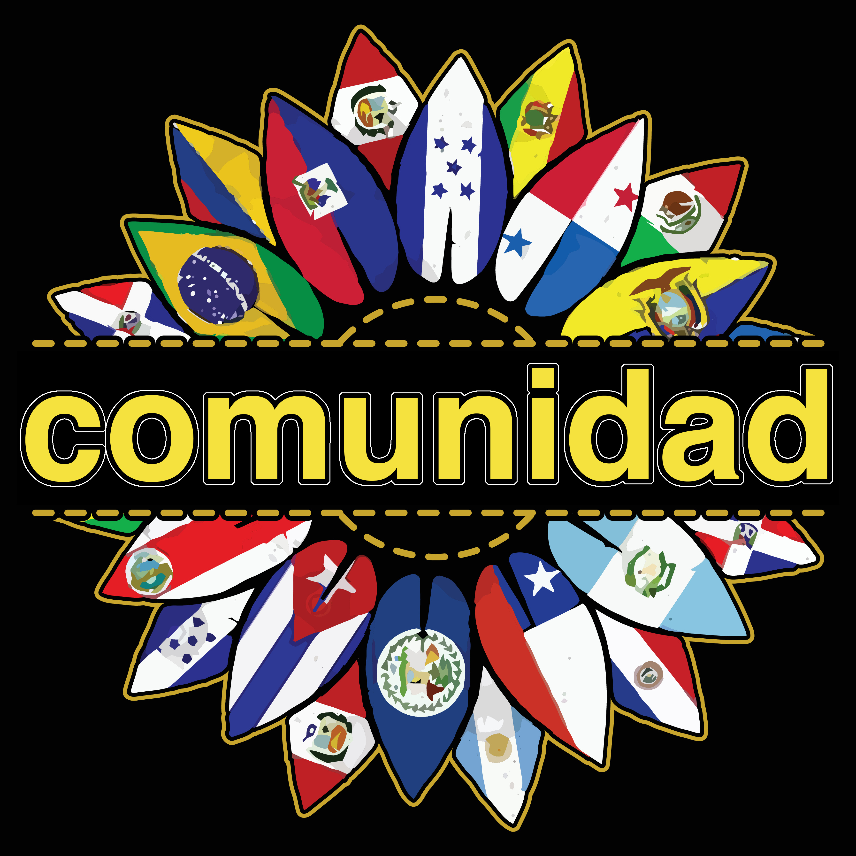 Latin country flags in the shape of a sunflower with the word comunidad (community) in the middle. image link to story