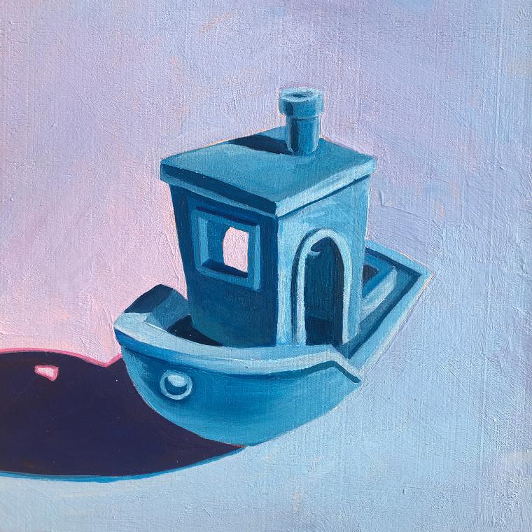 A 3D-printed model of a small boat casts a shadow.