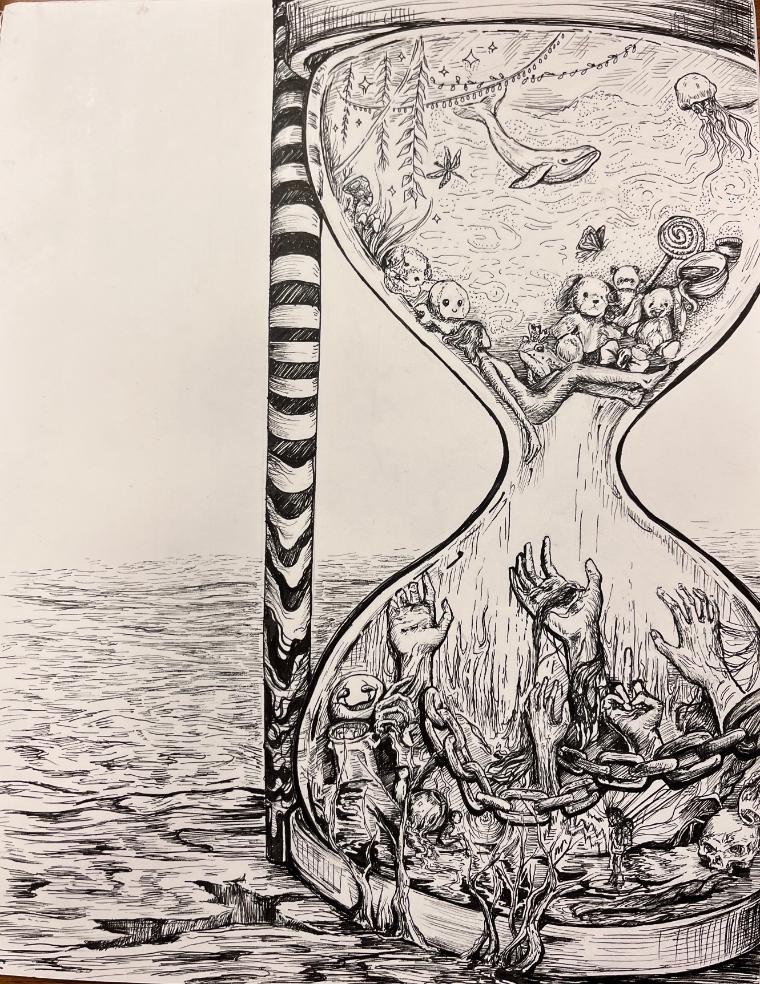 A drawing of an hourglass filled with various plants and flowers.