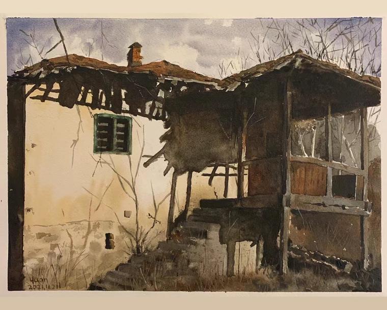 Painting of an old house by Yuan Wang.