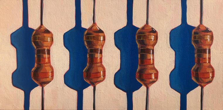 Four electrical resistors with shadows, titled James Mertke - Resistors.