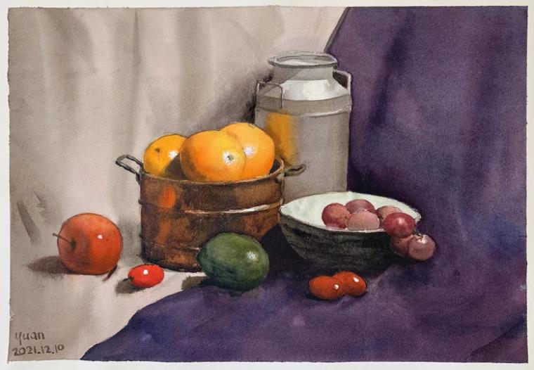 Still life with fruits, basket, jug, and purple cloth.