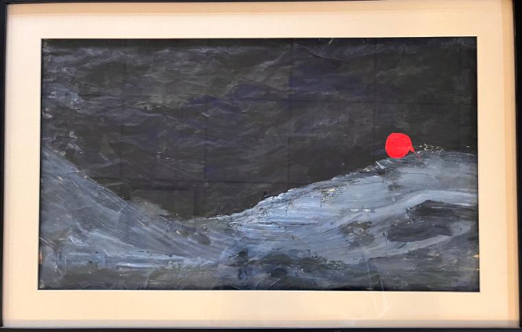 Abstract painting with dark background and red, white, and blue accents.