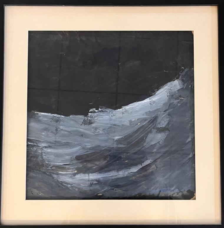 Abstract painting of blue tones against a dark background, framed in light beige.