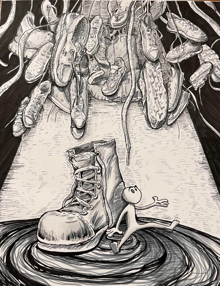 Sketch of shoes hanging above, with one shoe on the ground in ripples.