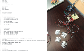Left: Code for the Raspberry Pi  Right: Arduino with black, red, and while wires leading to load cells for testing the readings during prototyping on a brown table. 